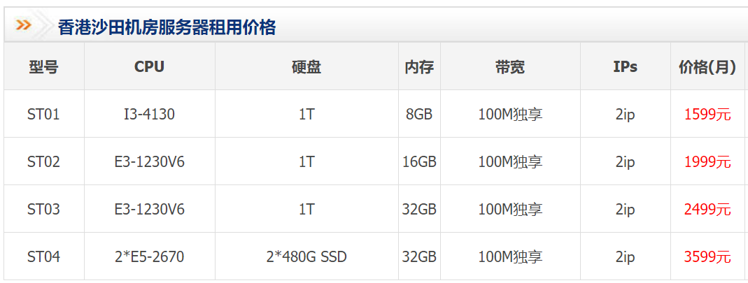 沙田機房100M獨享香港服務(wù)器租用價格表